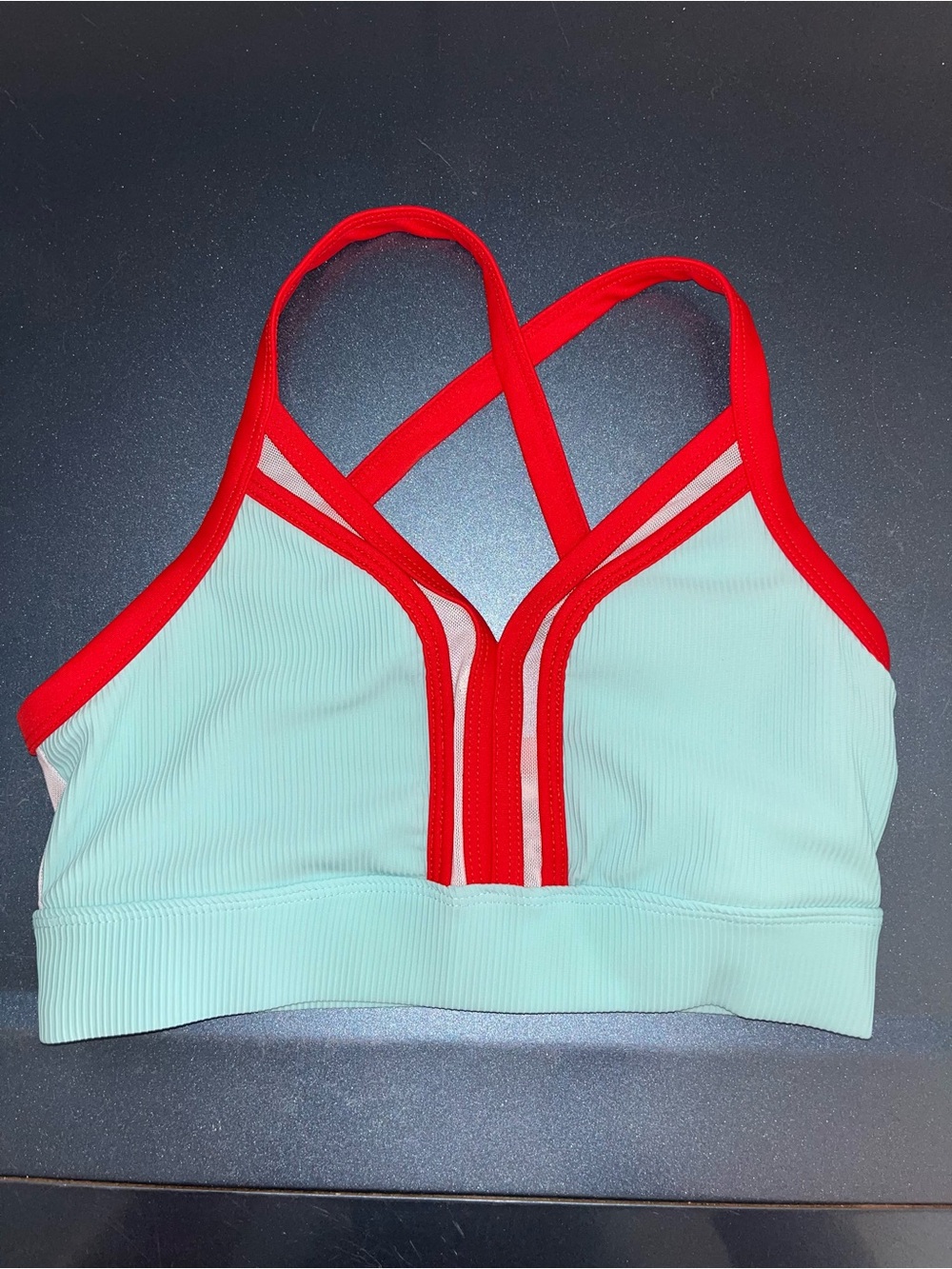 OH LA LA Aqua & Red Crisscross Sports Bra w/Mesh Inserts & Ribbed Trim Size XS